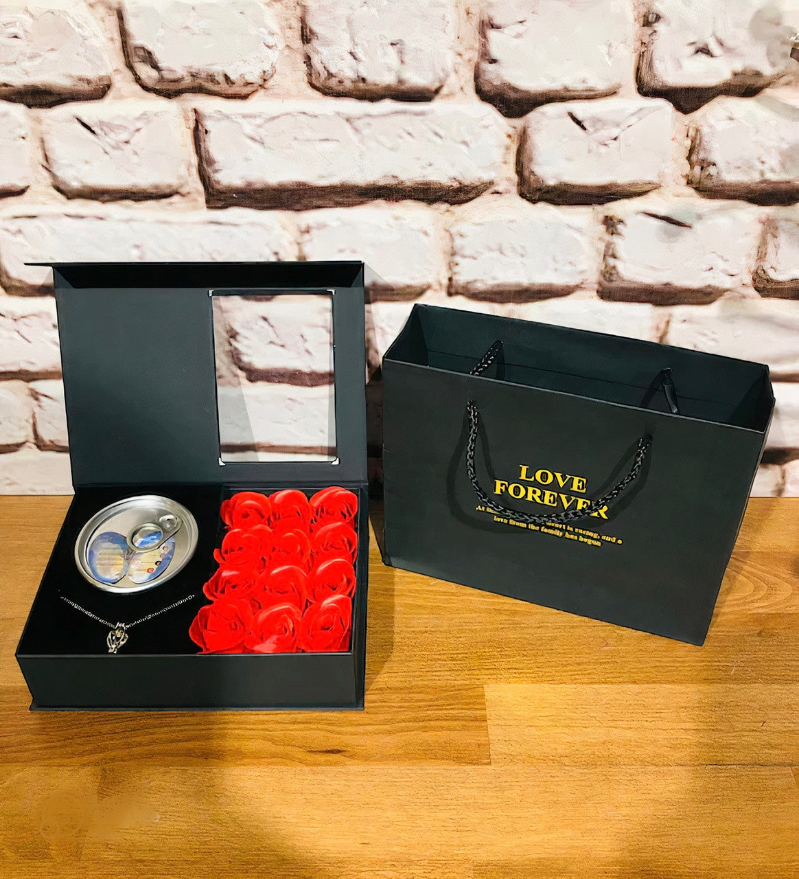 Red Rose Box with Pearl Necklace in Oyster