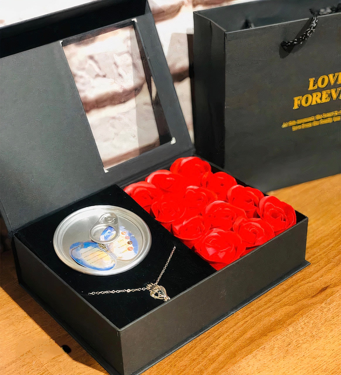 Red Rose Box with Pearl Necklace in Oyster